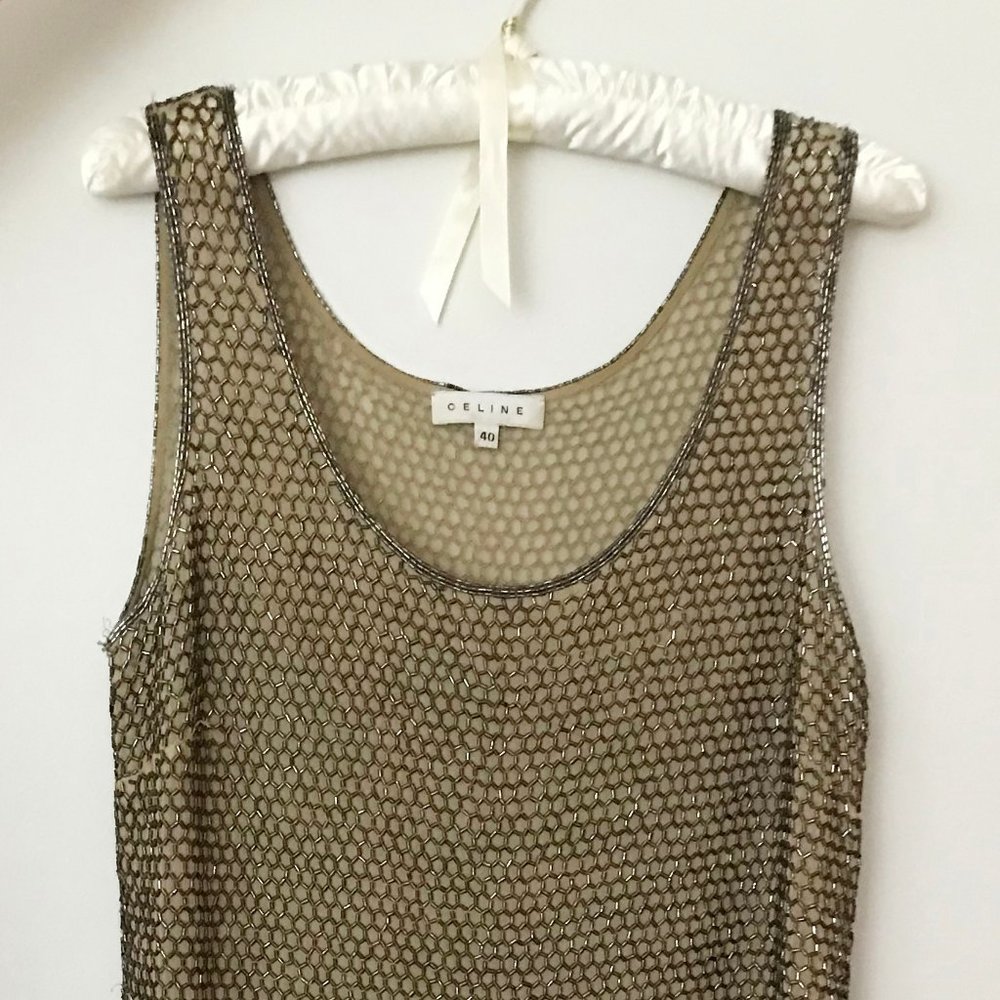 Celine Vintage Sheer Dark Gold Beaded Dress